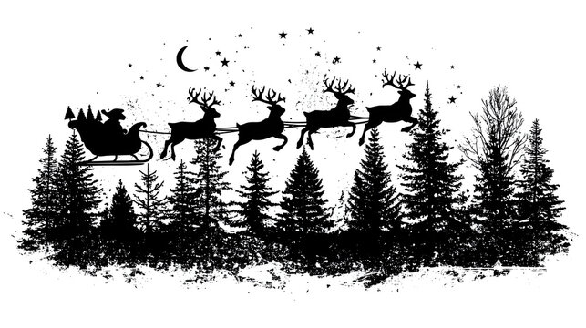Santas Sleigh Silhouette Flying over Forest with Moon and Stars