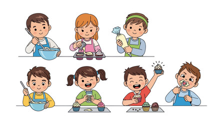 Diverse group of children happily decorating cupcakes in a baking class.