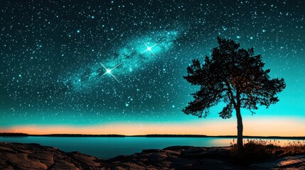 Silhouette Tree at Sunset Under Starry Night Sky
