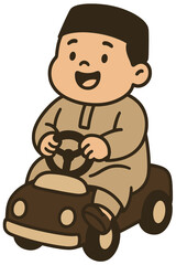 Cute Muslim Boy Cartoon Driving Toy Car | Islamic Kids Illustration