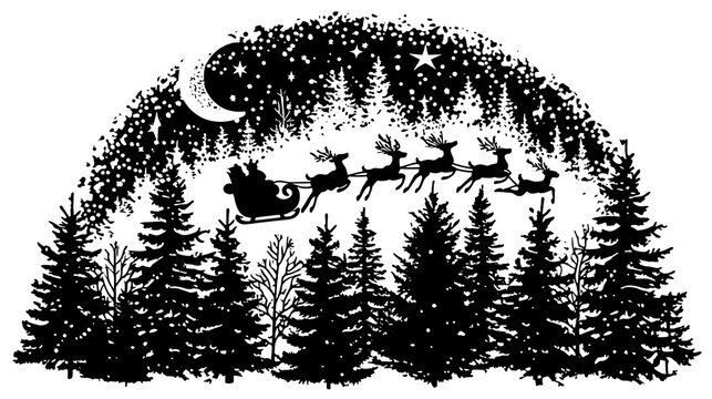 Silhouette of Santa Claus and Reindeer Sleigh Flying Over Forest at Night