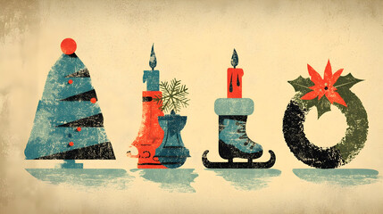 Stylized Christmas Decorations Tree Candles Skate and Wreath Illustration