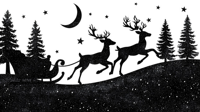 Silhouette of Santas Sleigh Pulled by Reindeer Under Crescent Moon and Stars
