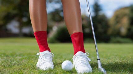 Female golfer in red socks preparing to swing on green grass