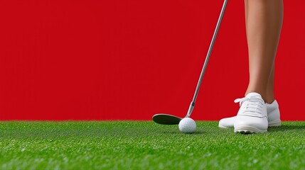 Woman preparing to putt on green turf with red background