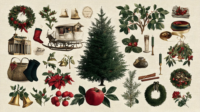 Vintage Christmas Collage with Sleigh Tree Wreaths and Festive Elements