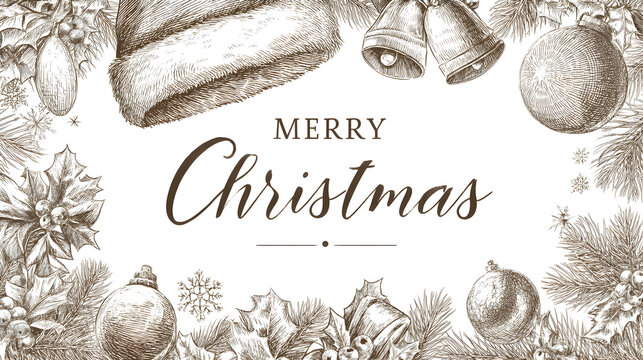 Vintage Christmas Greeting with Detailed Engraved Decorations and Festive Elements
