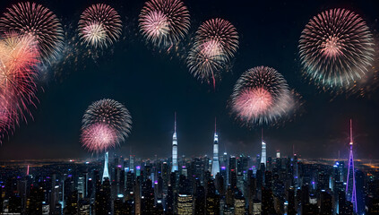 Spectacular Fireworks Display Over Modern City at Night
