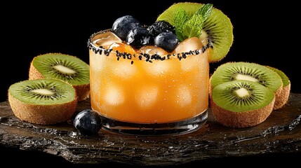 Refreshing Kiwi and Blueberry Cocktail on Dark Stone Surface