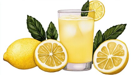 Refreshing Lemonade with Lemons and Leaves