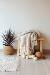 Cozy Bohemian Corner with Textured Blanket, Plant, and Natural Elements.