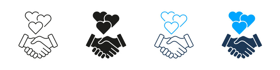 Obraz premium Handshake With Hearts Line And Solid Icon Set. Partnership, Trust, And Relationship Building Symbol Collection. Business And Personal Connection. Isolated Vector Illustration