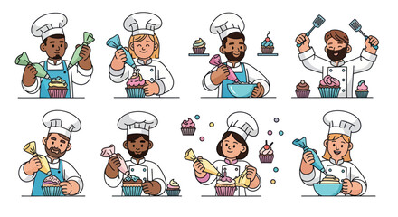 Diverse Group of Chefs Decorating Cakes and Cupcakes with Frosting.