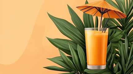 Refreshing Orange Juice with Umbrella Among Green Leaves on Peach Background