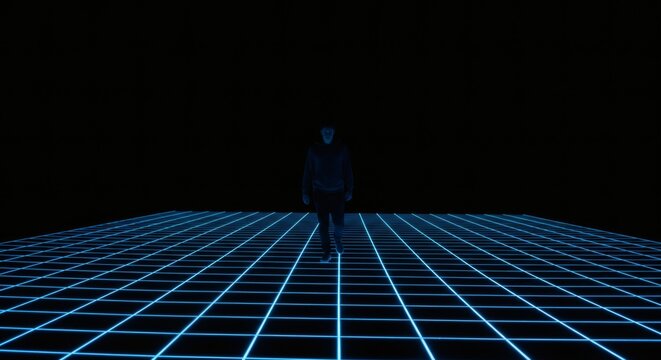 Futuristic Digital Grid with Silhouette Figure in Dark Virtual Space.