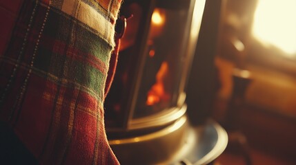 Plaid apron near fireplace, cozy cabin, winter warmth