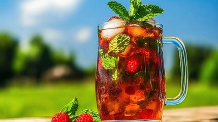 Iced raspberry tea, mint garnish, outdoors, summer