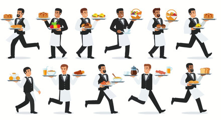 Group of Waiters Running with Food Trays Serving Meals Quickly.