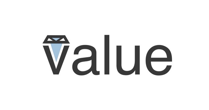 VALUE logo with stylized V transformed into a diamond-inspired geometric symbol. Represents worth, quality, and premium offerings. Great for branding services, pricing plans, or product marketing.