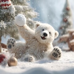 Playful Polar Bear Cub Enjoying a Christmas Snowball Fight with Ornaments
