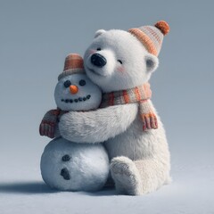 Adorable Polar Bear Cub with Hat and Scarf Hugging a Snowman