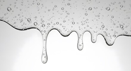 A Photorealistic Studio Shot of Translucent Viscous Liquid Dripping Against Light Grey, Revealing Gel-Like Texture, Subsurface Air Bubbles, and Delicate Light Play With Soft Grey Shadows.