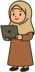 Cute Muslim Girl in Hijab Holding Laptop Cartoon Illustration
