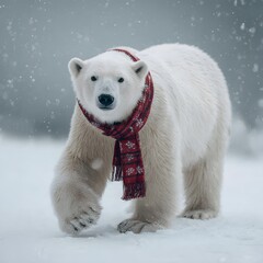 Majestic Polar Bear Wearing a Christmas Scarf Walking in the Snow