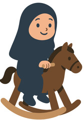 Cute Muslim Girl in Hijab Riding Rocking Horse Cartoon Illustration