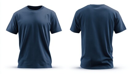 Stunning photo of dark blue tshirt isolated on white background, front and back view.