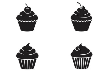 Four stylized black silhouette illustrations of cupcakes with frosting and cherries on a white background
