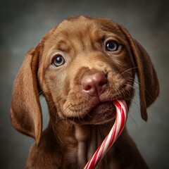 An Adorable Puppy Holding a Red and White Candy Cane in Its Mouth