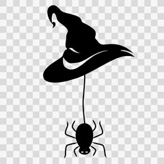 Witch hat and spider black drawing on a transparent background. Happy Halloween isolated vector illustration. Hanging spider sign silhouette for decoration. Cute cartoon witches hat with little spider