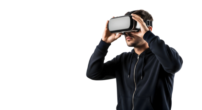 A man experiencing virtual reality. He's wearing a VR headset. This image focuses on the immersive technology experience - Powered by Adobe
