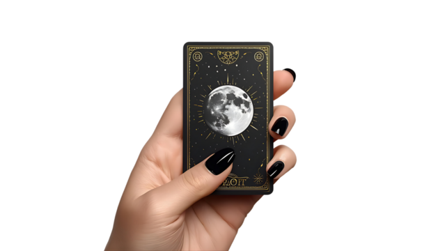 Mystical Tarot Card Featuring a Glowing Full Moon, Held in a Hand with Polished Black Nails