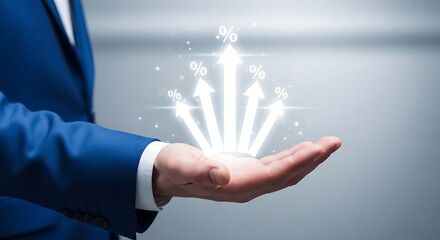 Businessman holds glowing upward arrows symbolizing business growth success and future prosperity in his palm