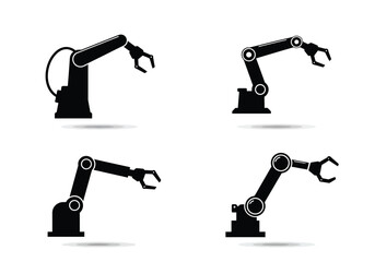 Collection of four distinct black industrial robotic arms with articulated joints and grippers isolated on a white background
