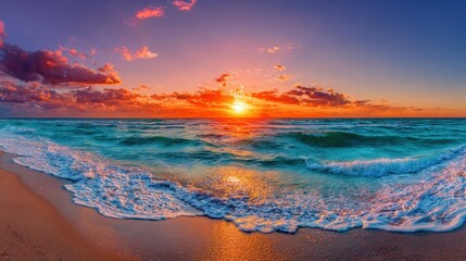 Beach Sunset with Turquoise Ocean and Fiery Sky