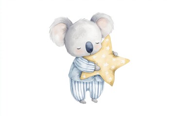 A Charming Illustration of a Sleepy Koala Embracing a Star-Shaped Pillow, Perfect for Nursery Decor and Children's Imagination