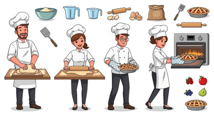 Cartoon Bakers Preparing and Baking Delicious Pies and Pastries.