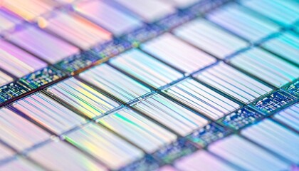 Close-up of colorful nanostructures on a silicon wafer surface