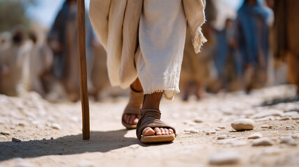 A man, his sandals worn, walks a dusty road, a staff steadying his steps. A leather satchel swings, its straps frayed. A crowd follows, their cloaks kicking up dust. A parchment map lies folded in h