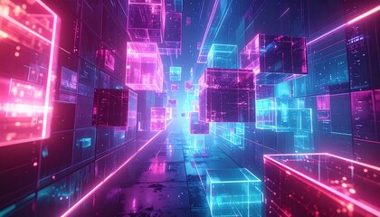 Obraz premium Colorful glowing cubes in a futuristic digital environment at night