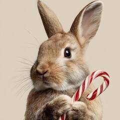 A Fluffy Rabbit Holding a Christmas Candy Cane on a Clean Background