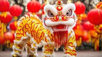 Lion dance, performance, park, lanterns, celebration, festival, China, New Year
