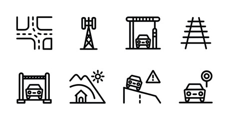 Road, Railway, Garage, Vehicle Safety, Car Test, Infrastructure Line Icons Set