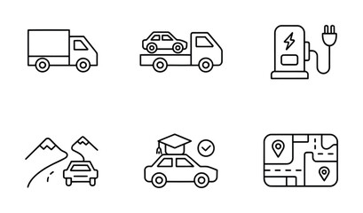 Transport, Electric Car Charging, Tow Service, Insurance, Navigation Line Icons Set