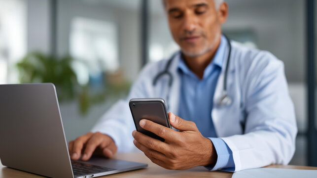 Physician using smartphone at clinic desk with laptop open for secure telemedicine patient communication and electronic medical record updates doctor smartphone clinic workspace