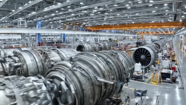 An expansive view of an aircraft engine assembly plant, showcasing intricate machinery and industrial processes.