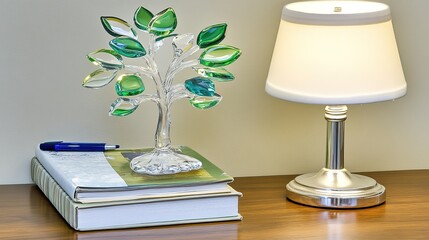 Crystal tree, books, lamp, desk, nightstand, calm, home office, interior design